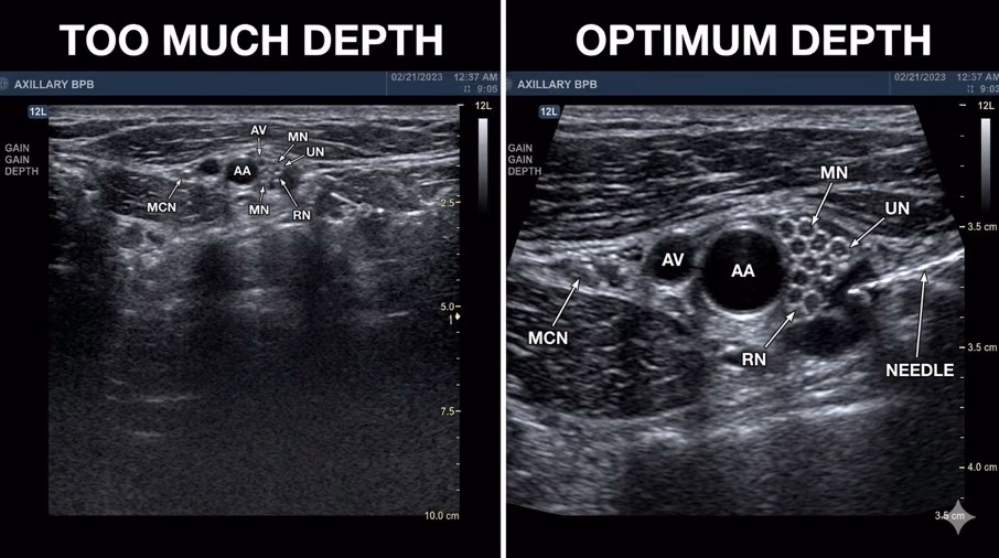 Comparison of too much depth versus optimum depth in an axillary brachial plexus scan