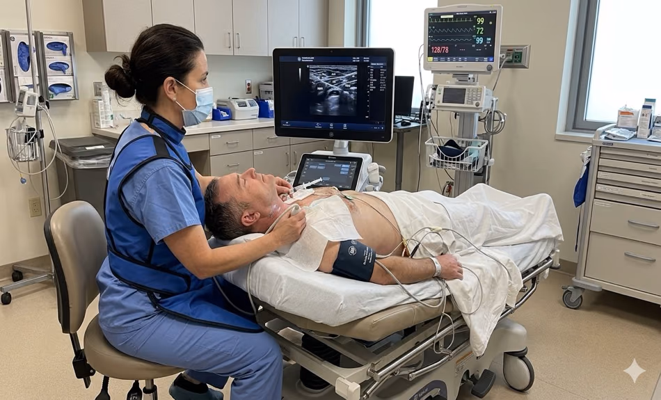 Anaesthesiologist seated with the ultrasound screen directly in line with the patient